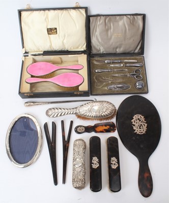 Lot 165 - Selection of dressing table items, including a five piece tortoiseshell brush mirror etc