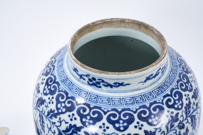 Lot 1 - Large 19th century Chinese blue and white porcelain baluster jar and cover, decorated with foliate patterns, 45cm total height
