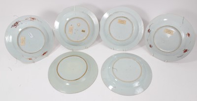 Lot 3 - Six Chinese famille rose export plates, Yongzheng and Qianlong, including two pairs decorated with flowers, and another pair with birds, fruit and flowers in vases, 23cm diameter