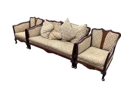 Lot 1376 - Early 20th century mahogany and walnut veneered three piece suite with patterned upholstery