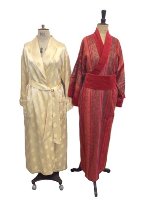 Lot 2075 - Designer Daniel Hanson women's cream wool and silk dressing gown size large plus a red and gold brocade kimono with red velvet trim Mei-Do by Kymono.