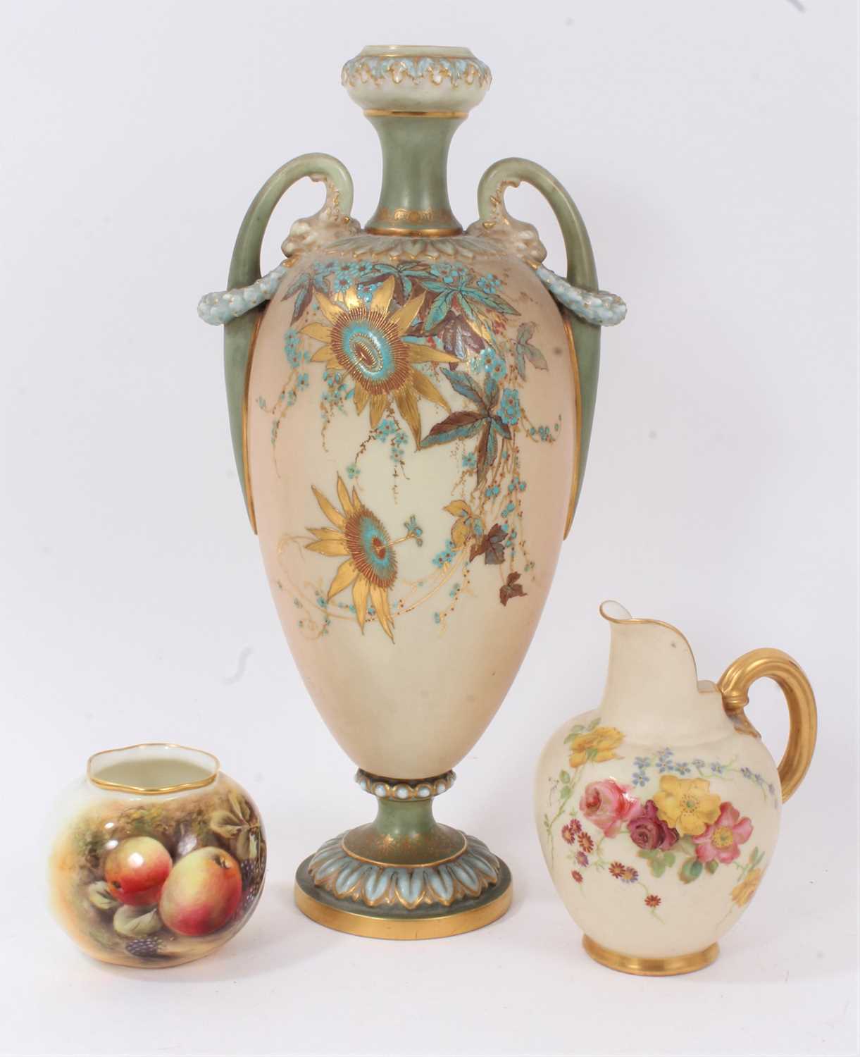 Lot 104 - Small Royal Worcester vase painted with fruit, signed, 7cm high, together with a Royal Worcester blush ivory ewer and twin-handled vase, 31cm high