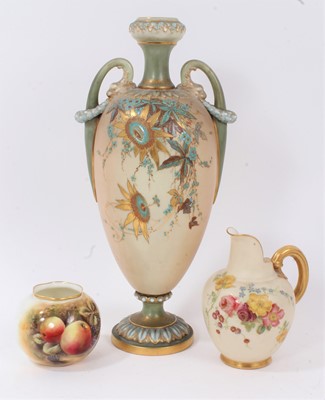 Lot 51 - Small Royal Worcester vase painted with fruit, signed, 7cm high, together with a Royal Worcester blush ivory ewer and twin-handled vase, 31cm high