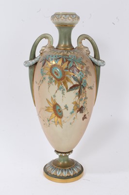 Lot 104 - Small Royal Worcester vase painted with fruit, signed, 7cm high, together with a Royal Worcester blush ivory ewer and twin-handled vase, 31cm high