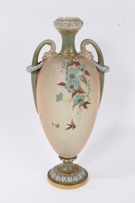 Lot 104 - Small Royal Worcester vase painted with fruit, signed, 7cm high, together with a Royal Worcester blush ivory ewer and twin-handled vase, 31cm high