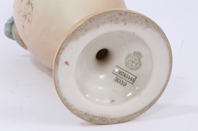 Lot 104 - Small Royal Worcester vase painted with fruit, signed, 7cm high, together with a Royal Worcester blush ivory ewer and twin-handled vase, 31cm high
