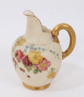 Lot 104 - Small Royal Worcester vase painted with fruit, signed, 7cm high, together with a Royal Worcester blush ivory ewer and twin-handled vase, 31cm high