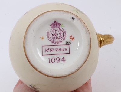 Lot 104 - Small Royal Worcester vase painted with fruit, signed, 7cm high, together with a Royal Worcester blush ivory ewer and twin-handled vase, 31cm high