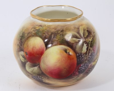 Lot 104 - Small Royal Worcester vase painted with fruit, signed, 7cm high, together with a Royal Worcester blush ivory ewer and twin-handled vase, 31cm high