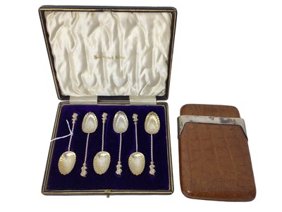 Lot 293 - Silver mounted cigar case together with cased silver spoons with Queen's head