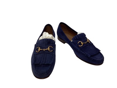 Lot 2084 - Gucci women's navy suede loafers with fringe and horse bit detail, soft dust bag and box.  Size 37.  Slight scuffs to soles.