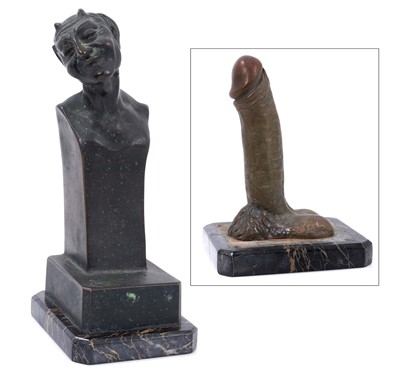 Lot 674 - Unusual early 20th century Austrian bronze erotic sculpture of a satyr on a marble base, with screws removing to reveal a phallus