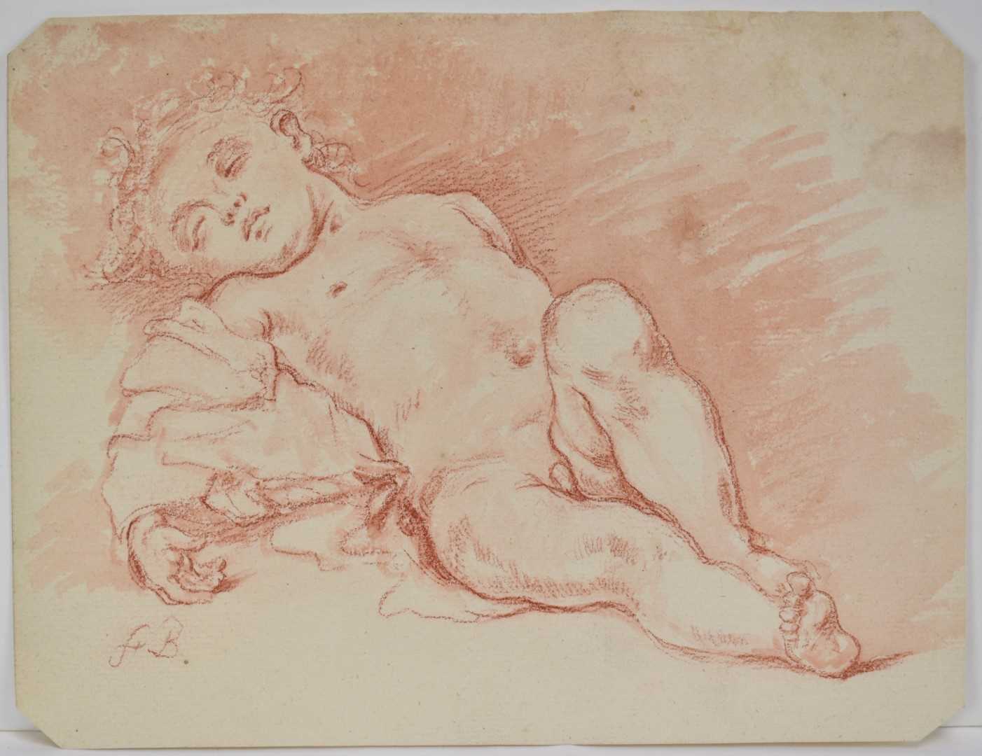 Lot 993 - Manner of Francois Boucher, 19th century red chalk and wash sketch, a slumbering child, laid paper, 18.5cm x 24cm, unframed