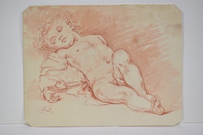Lot 993 - Manner of Francois Boucher, 19th century red chalk and wash sketch, a slumbering child, laid paper, 18.5cm x 24cm, unframed