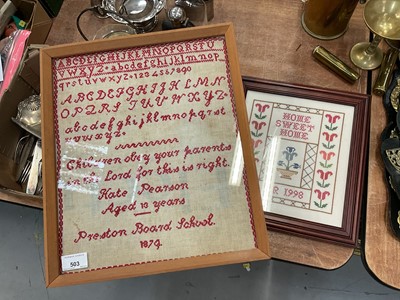 Lot 503 - Victorian needlework sampler by Kate Pearson, aged 13 years, Preston Board school 1879 and another modern sampler (2)