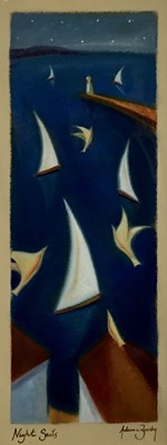 Lot 169 - Adam Barsby (b.1969), acrylic on paper, 'Night Sails', 54cm x 19cm, unframed