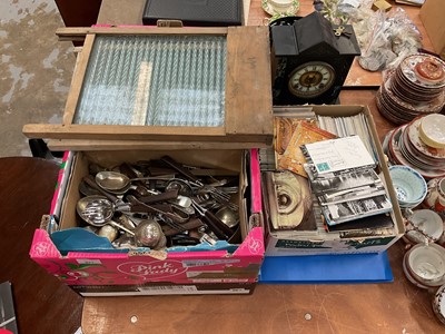 Lot 512 - Collection of mixed items to include black slate mantle clock, postcards, cutlery, washboards and sundries.