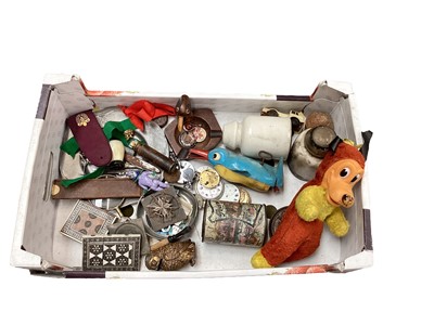 Lot 599 - Collection of curio's including pocket watch movements, telescope, badges, card case, toys etc - 1 box