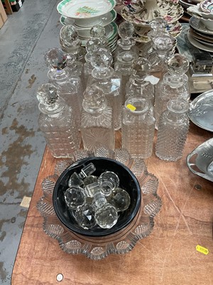 Lot 521 - Collection of cut glass decanters, cut glass table centre dish and various decanter stoppers.