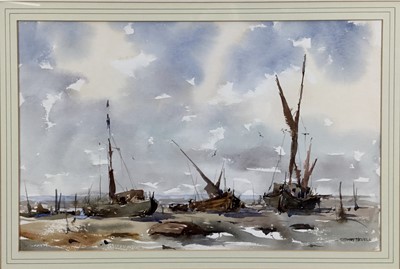 Lot 320 - Sydney Nevell, contemporary, watercolour, Boats on Essex Coast, signed, 32cm x 49cm, in glazed frame