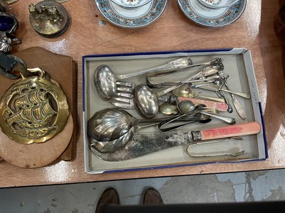 Lot 530 - Collection of metalware and sundries to include candlesticks modelled as classical dolphins, cutlery, Lagonda branded cigarette box, cutlery and other items.