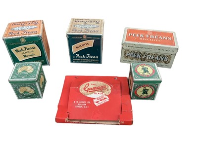 Lot 590 - Two small Huntley & Palmer tins, three Peak Freen tins and the Gamage blades