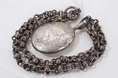 Lot 399 - Victorian silver locket on heavy chain engraving of heron on locket