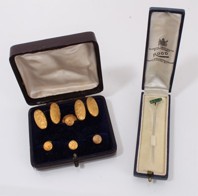 Lot 398 - Set of Victorian 15ct gold cufflinks and studs in original box, together with Art Deco emerald stick pin from Burlington Arcade