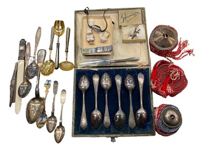 Lot 1114 - Continental white metal and silver plated spoons and cutlery, two silver crosses, three watches and sundries