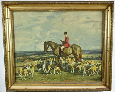 Lot 416 - After Sir Alfred Munnings (1878-1959) coloured print - Stanley Barker and the Pytchley Hounds, 48cm x 60cm, in glazed gilt frame