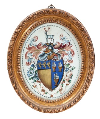 Lot 615 - Good George III gilt framed oval handpainted armorial coat of arms