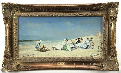 Lot 208 - Impressionist style oil painting of figures on a beach, in a gilt frame