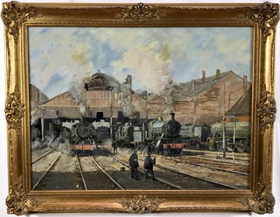 Lot 188 - 20th century oil on board - Steam trains in a train yard, indistinctly signed, 43cm x 58cm,  in gilt frame