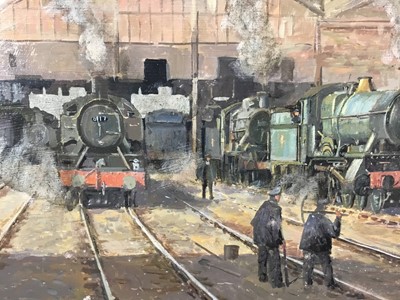Lot 188 - 20th century oil on board - Steam trains in a train yard, indistinctly signed, 43cm x 58cm,  in gilt frame