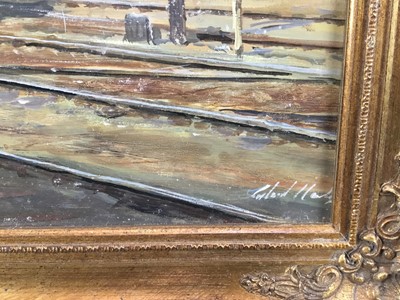 Lot 188 - 20th century oil on board - Steam trains in a train yard, indistinctly signed, 43cm x 58cm,  in gilt frame