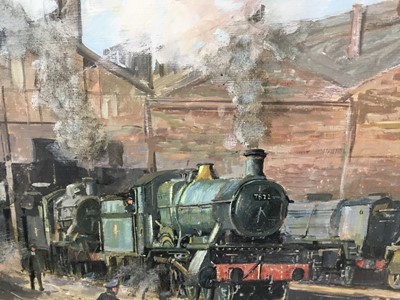 Lot 188 - 20th century oil on board - Steam trains in a train yard, indistinctly signed, 43cm x 58cm,  in gilt frame