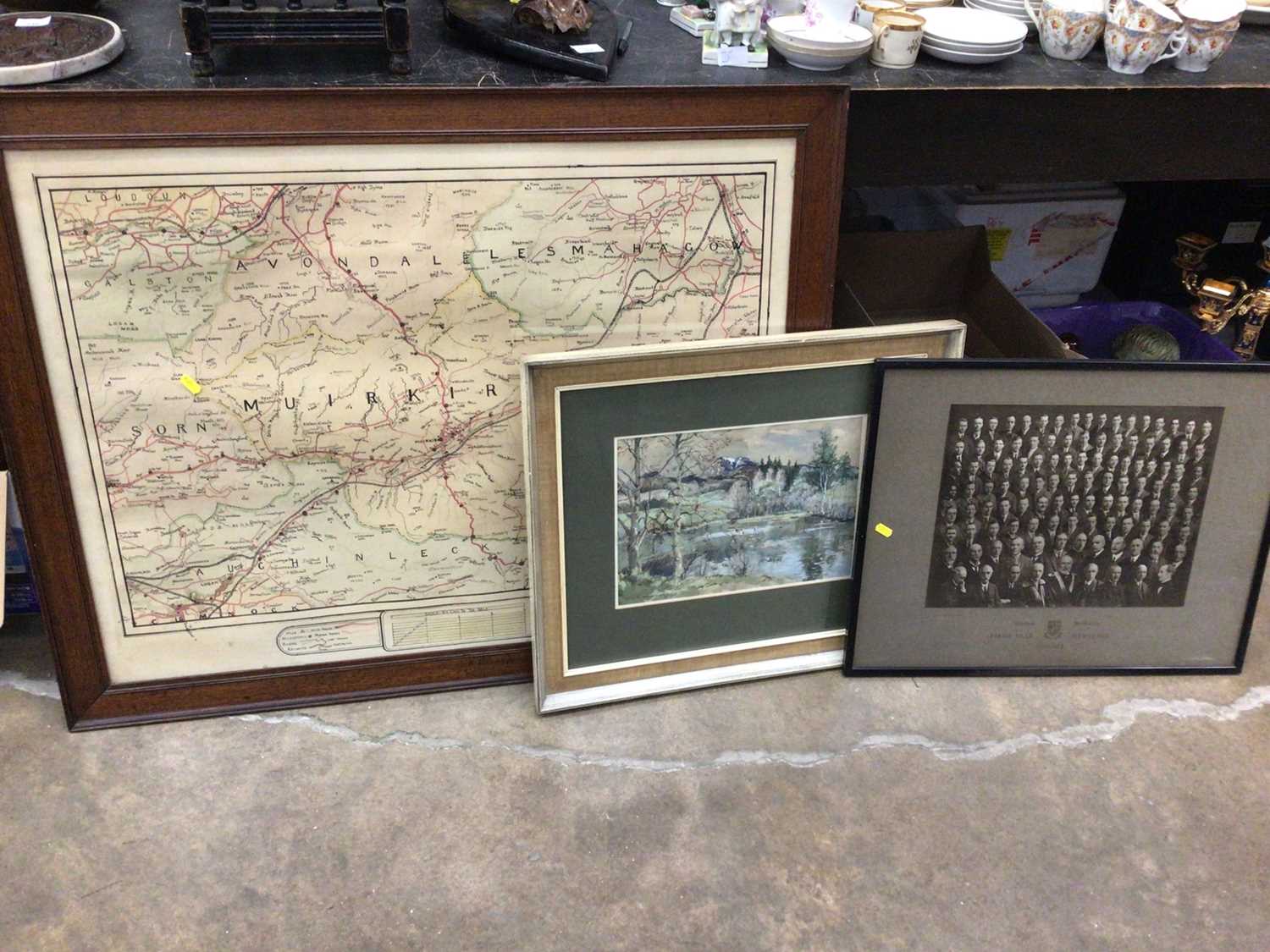 Lot 715 - A hand drawn map of Muirkirk, framed, a watercolour by William Johnstone, and a 1928 photograph of Glasgow University students (3)