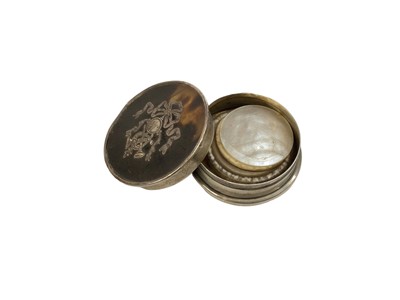 Lot 1128 - Silver and tortoiseshell counter box with contents, 4.75cm diameter