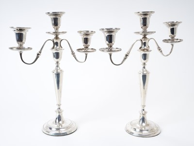 Lot 180 - Contemporary pair silver three light candelabra