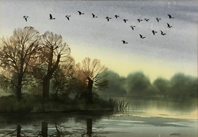 Lot 128 - Douglas Haddow, pair of watercolours - lake scenes with birds in flight, signed, 32cm x 46cm, in glazed frames (2)