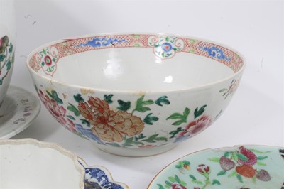 Lot 11 - Group of 18th to 20th century Chinese porcleain, including a large Canton basin, a jardiniere and stand, etc, and a wooden stand (15)