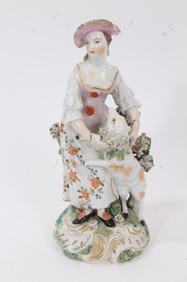 Lot 13 - 18th century Derby figure of a shepherdess, together with a 19th century continental figure of a gardener, both polychrome decorated, 21cm and 22cm high (2)