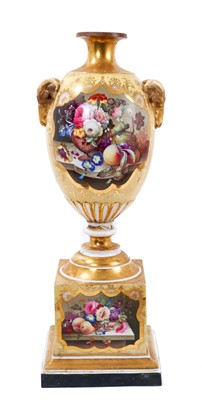 Lot 15 - A large 19th century English porcelain vase, probably Coalport, of urn form on plinth base with ram's head handles, finely painted with panels of fruit and flowers on a pale yellow and gilt ground,...