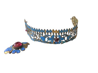 Lot 1 - 19th century Chinese tiara/head band with kingfisher feather decoration in an openwork floral design with two red stone cabochons (one missing), together with a similar brooch/panel