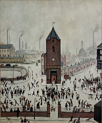 Lot 358 - L. S. Lowry, coloured print with blindstamp, together with other Lowry prints to include Waiting for The Shop to Open, Town Centreand others, each in glazed frames (6)