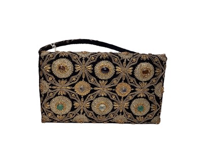 Lot 2091 - Vintage Zardozi style black velvet evening clutch bag.  Gold and silver tone metallic embroidery with cabochon stones.