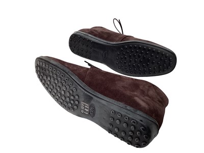 Lot 2094 - Tod's women's shoes, including leather loather shoes, two pairs, size 35 1/2 and 6 both in dust bags, studded black velvet flat pair, size 36 in dust bag and a boxed pair of dark brown suede ankle...