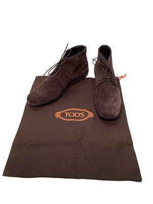 Lot 2094 - Tod's women's shoes, including leather loather shoes, two pairs, size 35 1/2 and 6 both in dust bags, studded black velvet flat pair, size 36 in dust bag and a boxed pair of dark brown suede ankle...