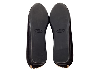 Lot 2094 - Tod's women's shoes, including leather loather shoes, two pairs, size 35 1/2 and 6 both in dust bags, studded black velvet flat pair, size 36 in dust bag and a boxed pair of dark brown suede ankle...