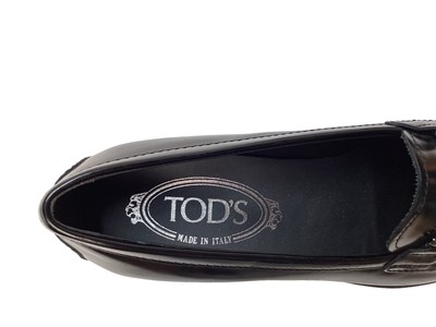 Lot 2094 - Tod's women's shoes, including leather loather shoes, two pairs, size 35 1/2 and 6 both in dust bags, studded black velvet flat pair, size 36 in dust bag and a boxed pair of dark brown suede ankle...